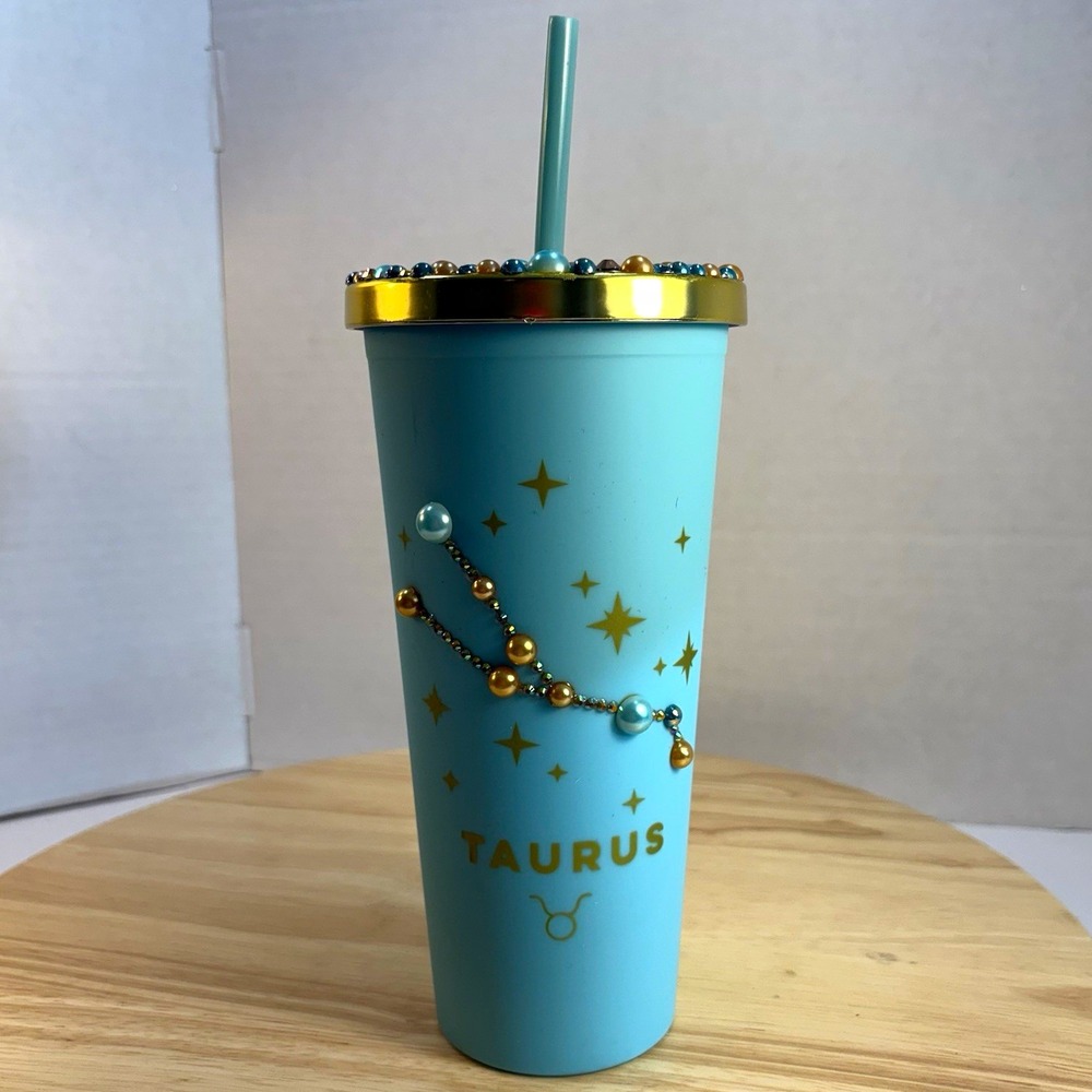 Modern Expressions Zodiac Taurus 22oz Tumbler Lid Straw Blue Gold Beaded NEW